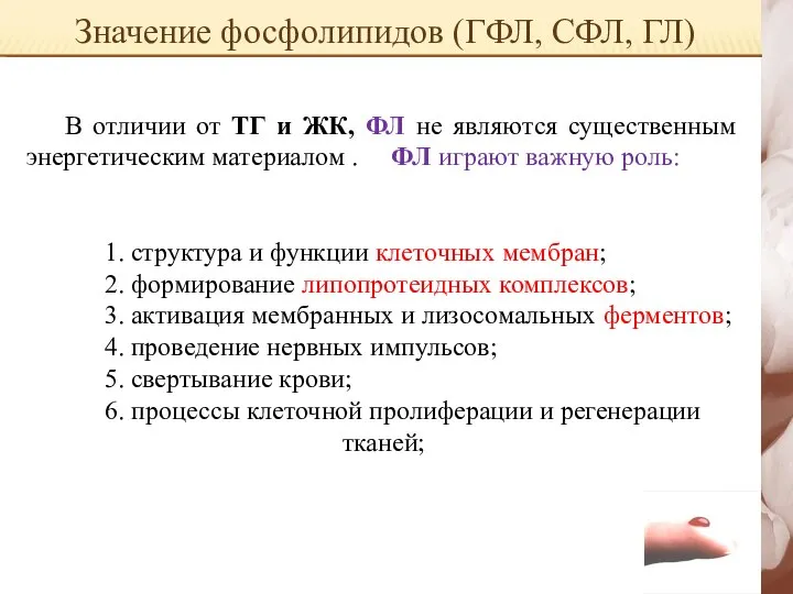 Значение фосфолипидов (ГФЛ, СФЛ, ГЛ) В отличии от ТГ и ЖК,