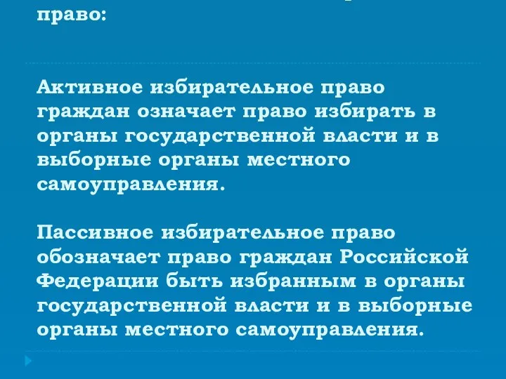 Активное и пассивное избирательное право: Активное избирательное право граждан означает право