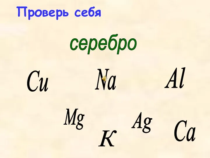 Mg Сu Al серебро Na Ag К Са Проверь себя