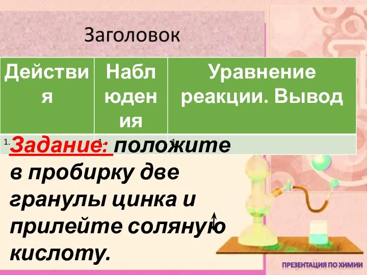 Задание: положите в пробирку две гранулы цинка и прилейте соляную кислоту.