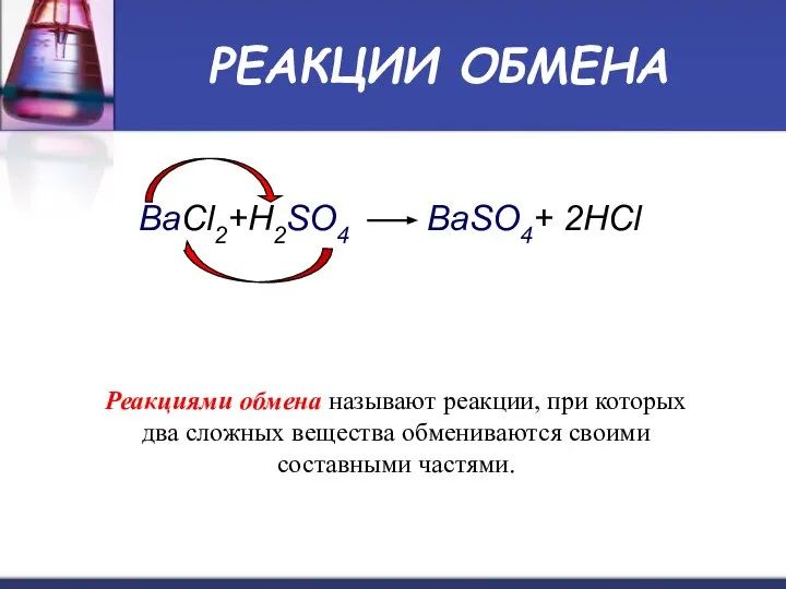 РЕАКЦИИ ОБМЕНА BaCl2+H2SO4 BaSO4+ 2HCl Реакциями обмена называют реакции, при которых
