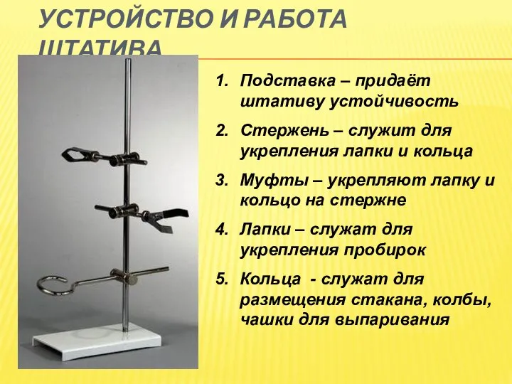 УСТРОЙСТВО И РАБОТА ШТАТИВА Подставка – придаёт штативу устойчивость Стержень –