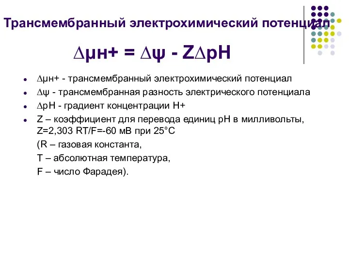 ∆μн+ = ∆ψ - Z∆рН ∆μн+ - трансмембранный электрохимический потенциал ∆ψ