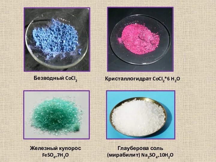 Кристаллогидрат CoCl2*6 H2O Безводный CoCl2 Железный купорос FeSO4*7H2O Глауберова соль (мирабилит) Na2SO4*10H2O