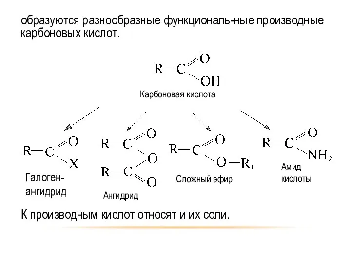 образуются разнообразные функциональ-ные производные карбоновых кислот. К производным кислот относят и их соли.