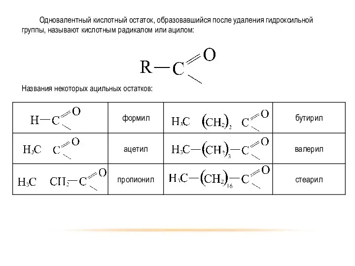 Одновалентный кислотный остаток, образовавшийся после удаления гидроксильной группы, называют кислотным радикалом