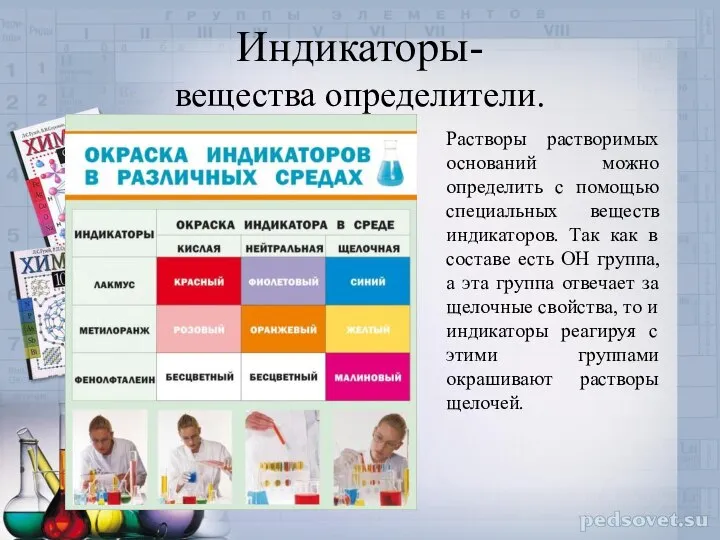 Индикаторы- вещества определители. Растворы растворимых оснований можно определить с помощью специальных