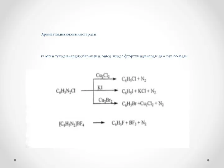Ароматтыдиазоқосылыстардан галоген туындылардың барлығын, оның ішінде фтортуындыларды да алуға болады: