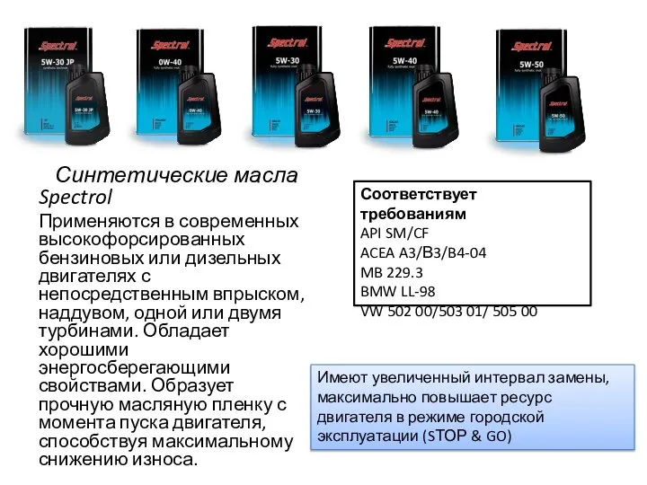 Синтетические масла Spectrol Применяются в современных высокофорсированных бензиновых или дизельных двигателях