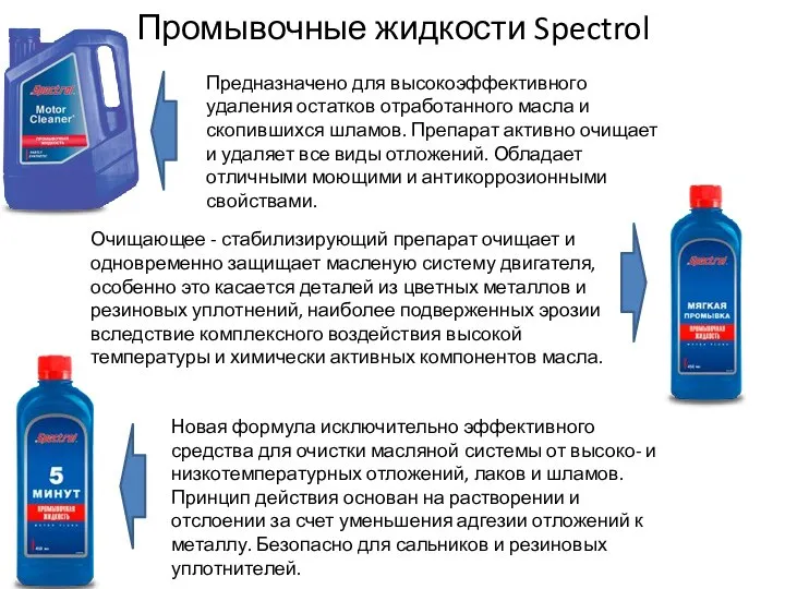 Промывочные жидкости Spectrol Предназначено для высокоэффективного удаления остатков отработанного масла и