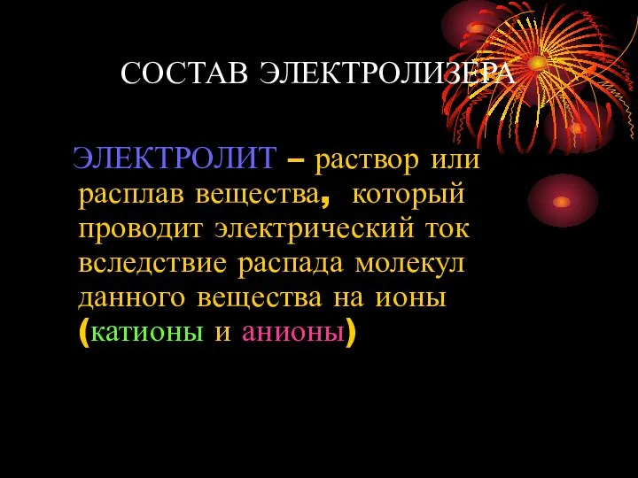 СОСТАВ ЭЛЕКТРОЛИЗЕРА ЭЛЕКТРОЛИТ – раствор или расплав вещества, который проводит электрический