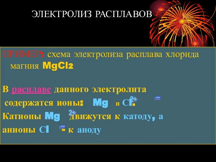 ЭЛЕКТРОЛИЗ РАСПЛАВОВ ПРИМЕР: схема электролиза расплава хлорида магния MgCl2 В расплаве