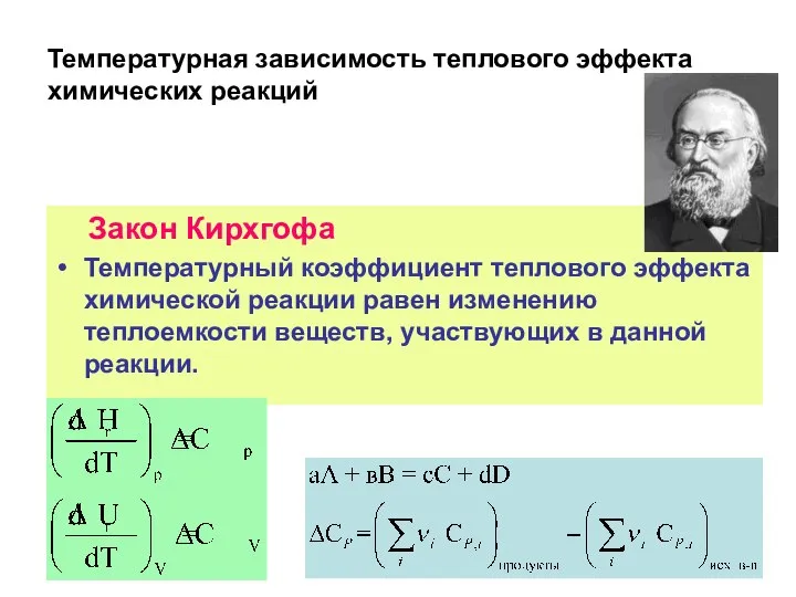 Температурная зависимость теплового эффекта химических реакций Закон Кирхгофа Температурный коэффициент теплового