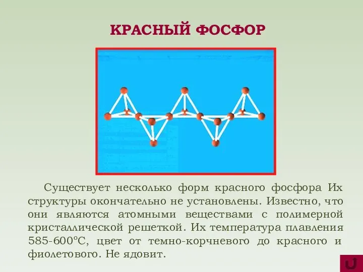 Существует несколько форм красного фосфора Их структуры окончательно не установлены. Известно,