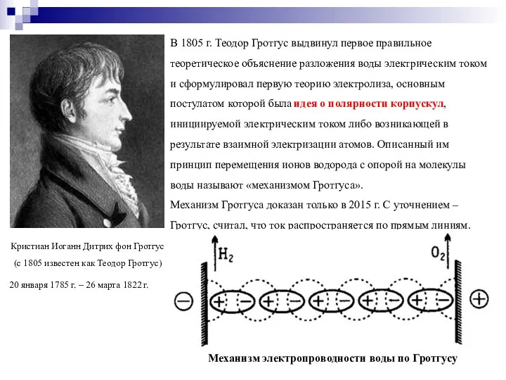 В 1805 г. Теодор Гротгус выдвинул первое правильное теоретическое объяснение разложения