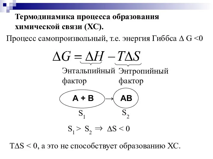 Термодинамика процесса образования химической связи (ХС). Энтальпийный фактор Энтропийный фактор Процесс