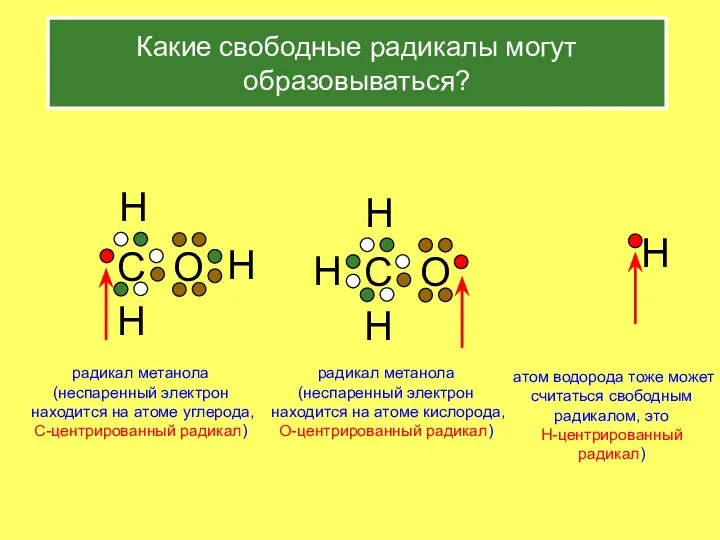 Какие свободные радикалы могут образовываться? H радикал метанола (неспаренный электрон находится