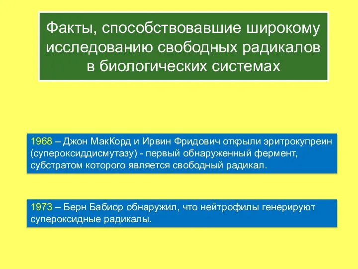 Факты, способствовавшие широкому исследованию свободных радикалов в биологических системах 1968 –