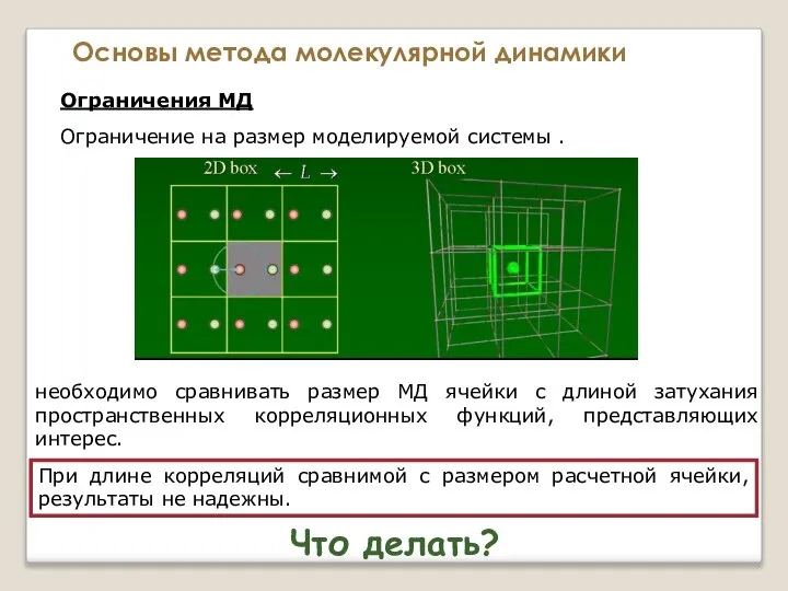 Основы метода молекулярной динамики Ограничения МД Ограничение на размер моделируемой системы