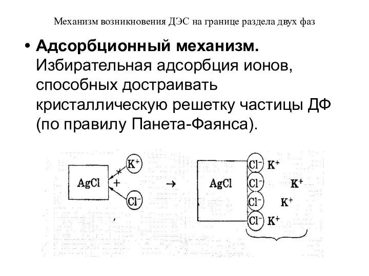 Механизм возникновения ДЭС на границе раздела двух фаз Адсорбционный механизм. Избирательная