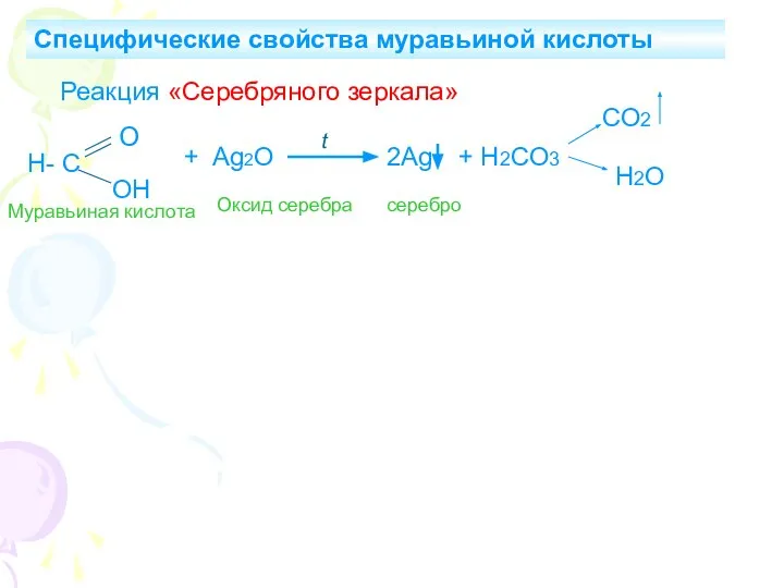 Специфические свойства муравьиной кислоты Реакция «Серебряного зеркала» Н- С О ОН