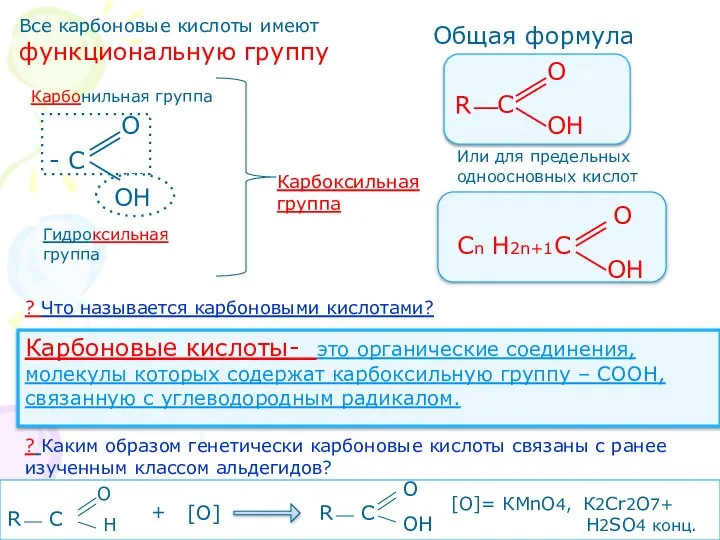 Все карбоновые кислоты имеют функциональную группу - С ОН О Карбонильная