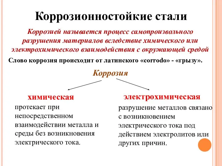 Коррозионностойкие стали Коррозией называется процесс самопроизвольного разрушения материалов вследствие химического или