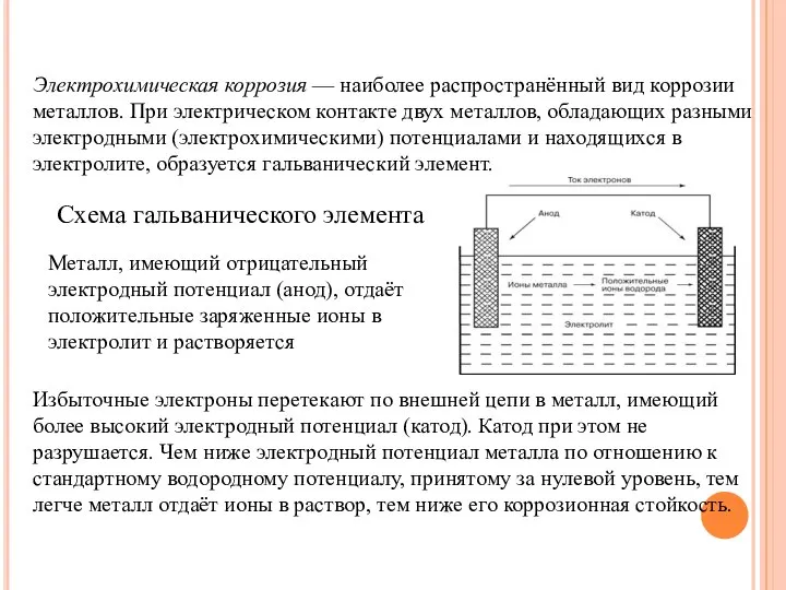 Электрохимическая коррозия — наиболее распространённый вид коррозии металлов. При электрическом контакте