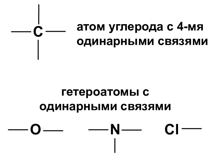 С атом углерода с 4-мя одинарными связями гетероатомы с одинарными связями О N Cl