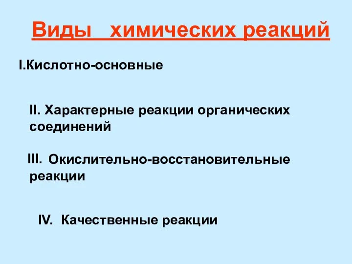 Виды химических реакций I.Кислотно-основные II. Характерные реакции органических соединений Окислительно-восстановительные реакции III. IV. Качественные реакции