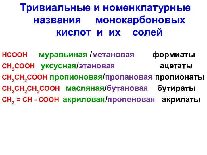 Тривиальные и номенклатурные названия монокарбоновых кислот и их солей НСООН муравьиная