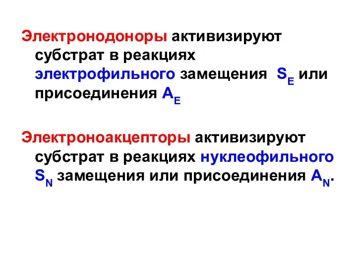 Электронодоноры активизируют субстрат в реакциях электрофильного замещения SE или присоединения AE