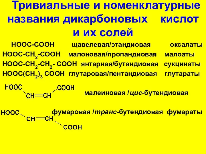 Тривиальные и номенклатурные названия дикарбоновых кислот и их солей НООС-СООН щавелевая/этандиовая