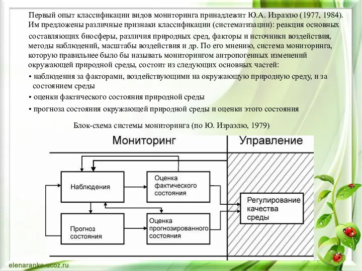 Первый опыт классификации видов мониторинга принадлежит Ю.А. Израэлю (1977, 1984). Им