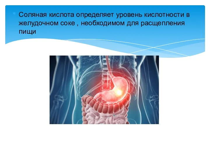 Соляная кислота определяет уровень кислотности в желудочном соке , необходимом для расщепления пищи