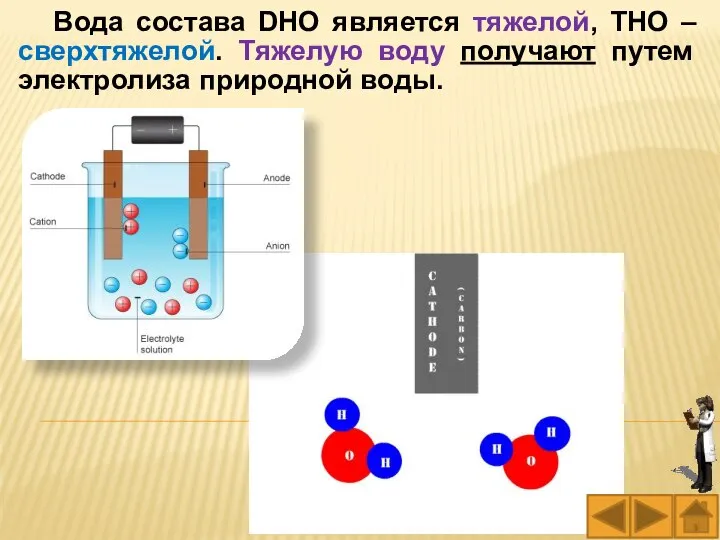 Вода состава DНО является тяжелой, ТНО – сверхтяжелой. Тяжелую воду получают путем электролиза природной воды.