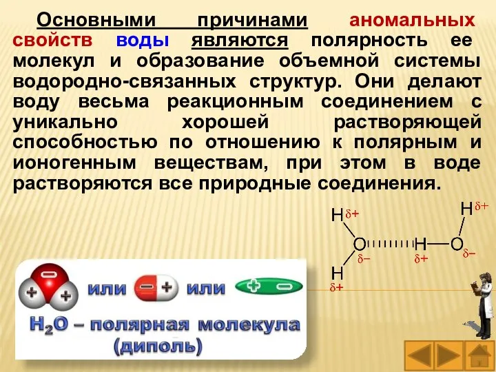 Основными причинами аномальных свойств воды являются полярность ее молекул и образование