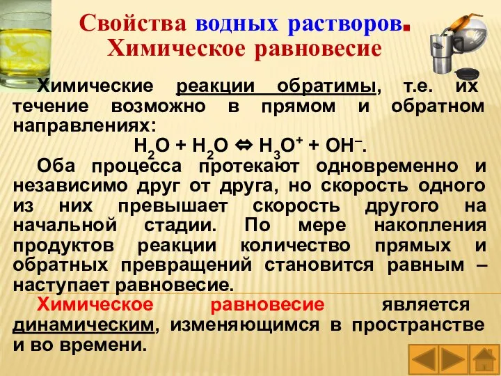 Свойства водных растворов. Химическое равновесие Химические реакции обратимы, т.е. их течение