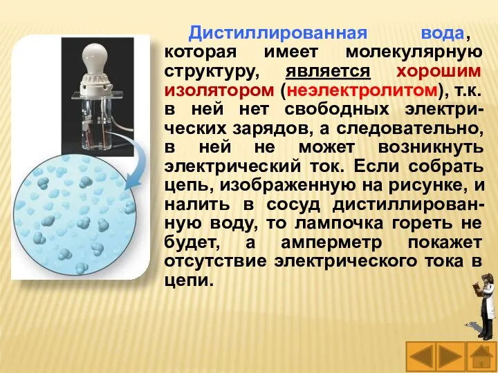 Дистиллированная вода, которая имеет молекулярную структуру, является хорошим изолятором (неэлектролитом), т.к.