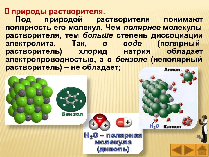 природы растворителя. Под природой растворителя понимают полярность его молекул. Чем полярнее