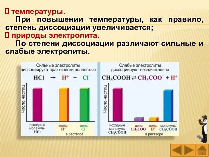 температуры. При повышении температуры, как правило, степень диссоциации увеличивается; природы электролита.