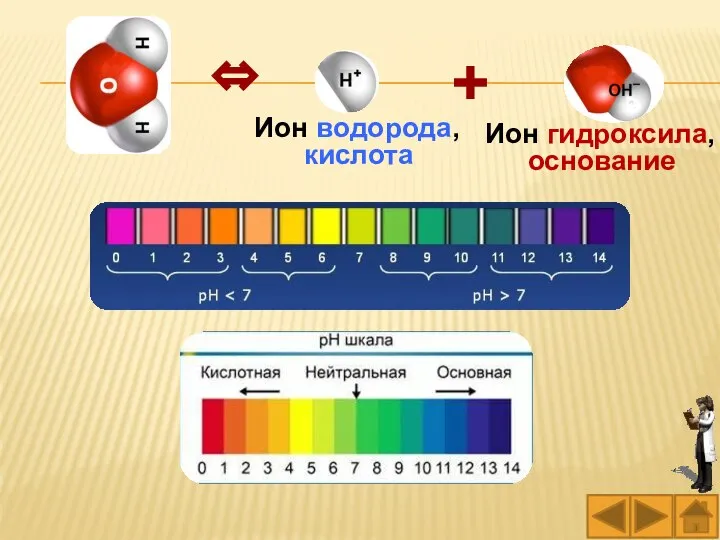 Ион водорода, кислота + Ион гидроксила, основание ⇔