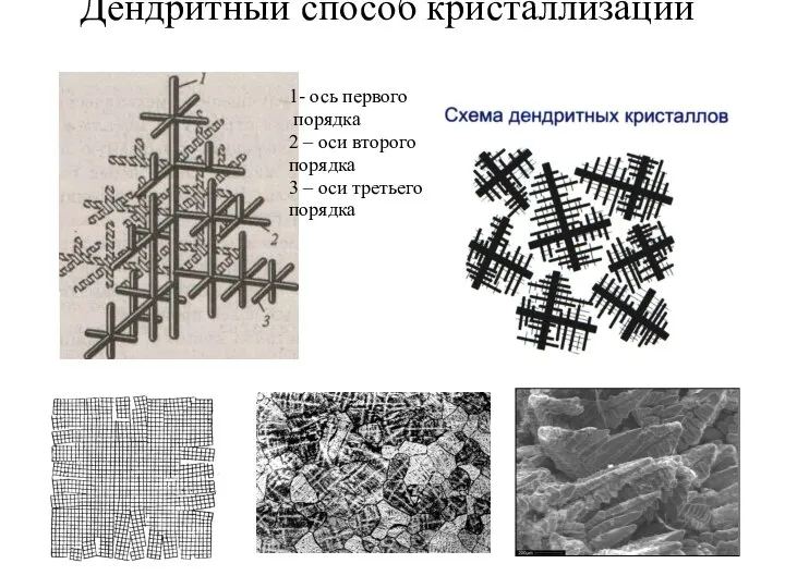 Дендритный способ кристаллизации 1- ось первого порядка 2 – оси второго