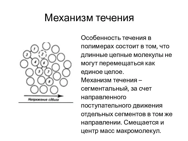 Механизм течения Особенность течения в полимерах состоит в том, что длинные