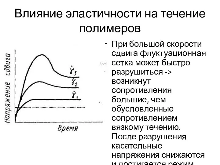 Влияние эластичности на течение полимеров При большой скорости сдвига флуктуационная сетка