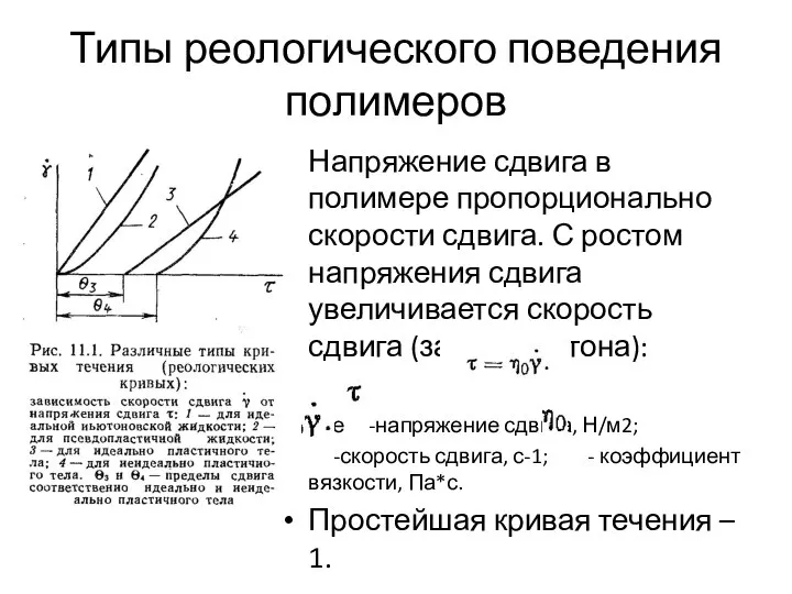 Типы реологического поведения полимеров Напряжение сдвига в полимере пропорционально скорости сдвига.