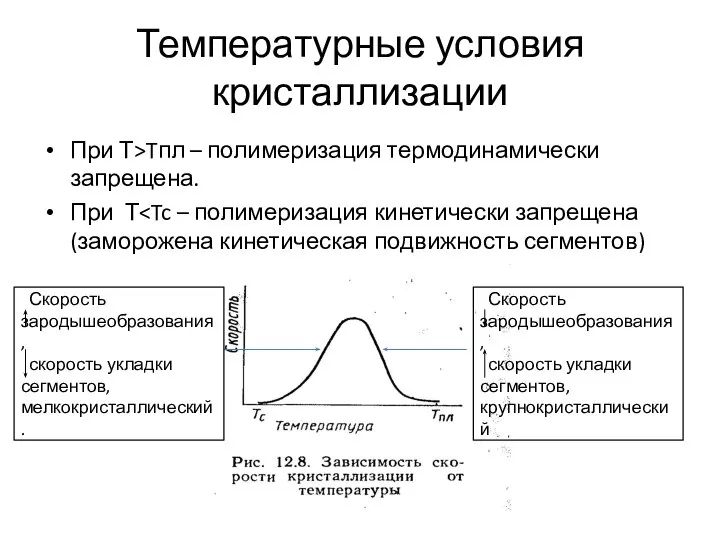 Температурные условия кристаллизации При Т>Tпл – полимеризация термодинамически запрещена. При Т