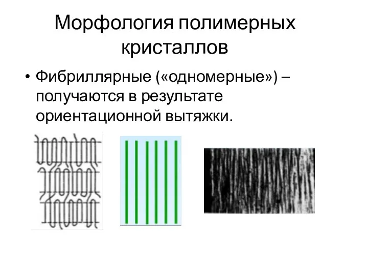 Морфология полимерных кристаллов Фибриллярные («одномерные») – получаются в результате ориентационной вытяжки.