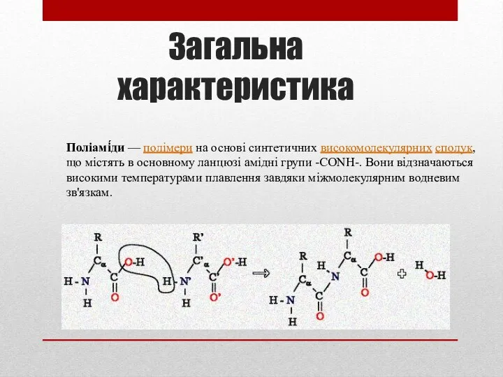 Загальна характеристика Поліамі́ди — полімери на основі синтетичних високомолекулярних сполук, що