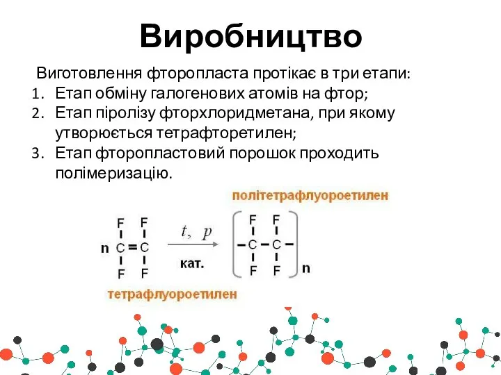 Виробництво Виготовлення фторопласта протікає в три етапи: Етап обміну галогенових атомів